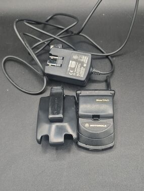 Vintage Motorola StarTAC Flip Phone with Charger and Belt Clip - Black